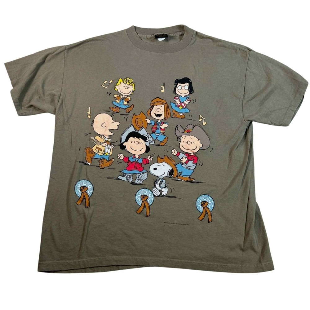 Vintage Changes Peanuts Snoopy Cowboy Square Dance Graphic T-Shirt XL Olive USA